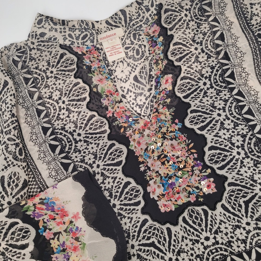 Sundance Silk Blouse Womens Small Black White Floral Sequin Tunic Excellent Boho